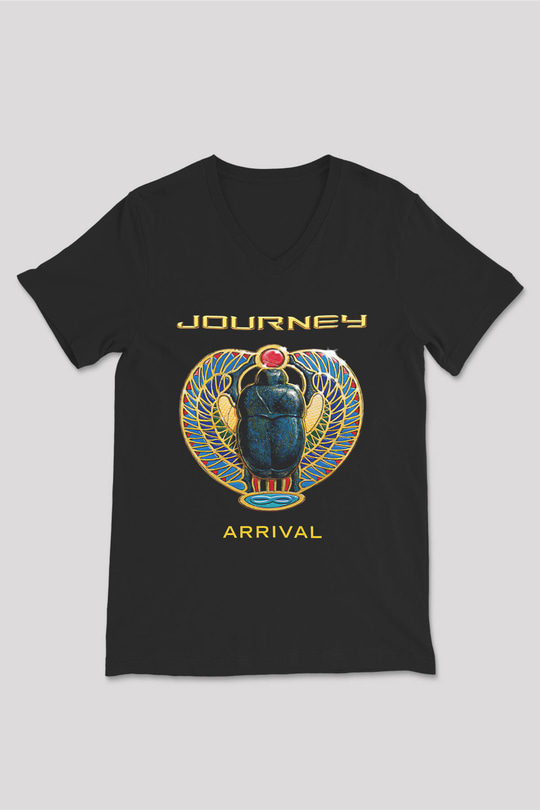 Journey Baskılı Unisex Siyah V Yaka Tişört - Tshirt