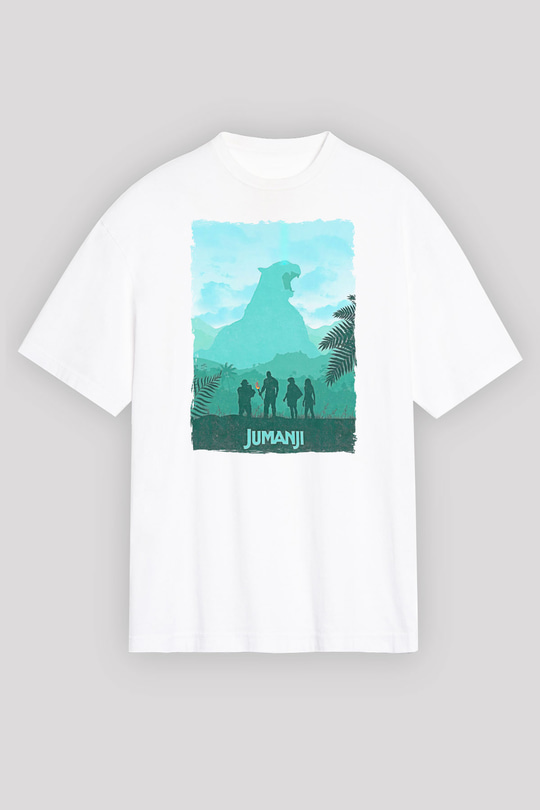 Jumanji Baskılı Beyaz Unisex Oversize Tişört - Tshirt