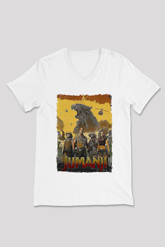 Jumanji Baskılı Beyaz Unisex V Yaka Tişört - Tshirt