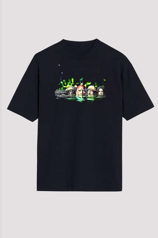 Jumanji Baskılı Unisex Siyah Oversize Tişört - Tshirt