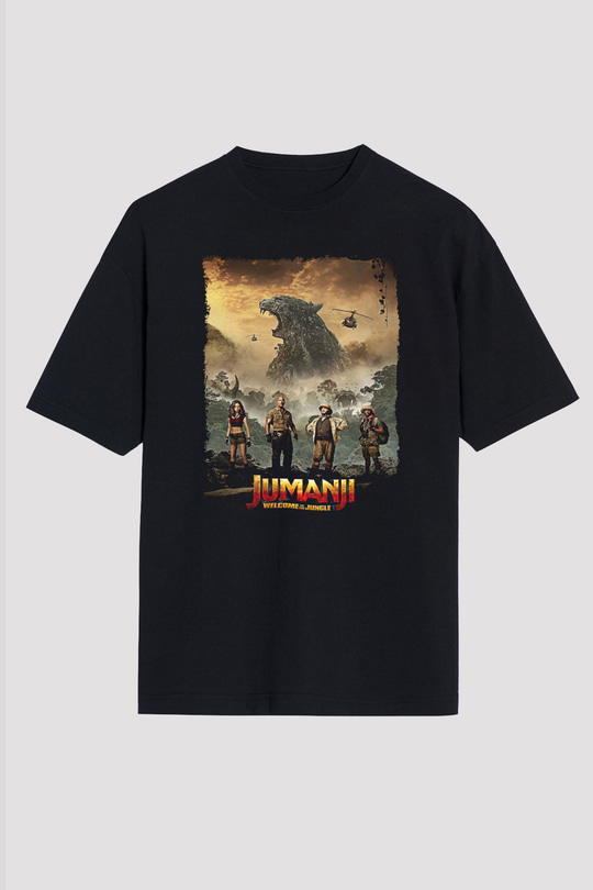 Jumanji Baskılı Unisex Siyah Oversize Tişört - Tshirt