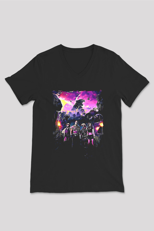 Jumanji Baskılı Unisex Siyah V Yaka Tişört - Tshirt