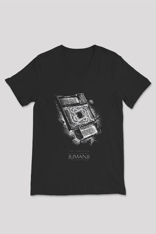 Jumanji Baskılı Unisex Siyah V Yaka Tişört - Tshirt