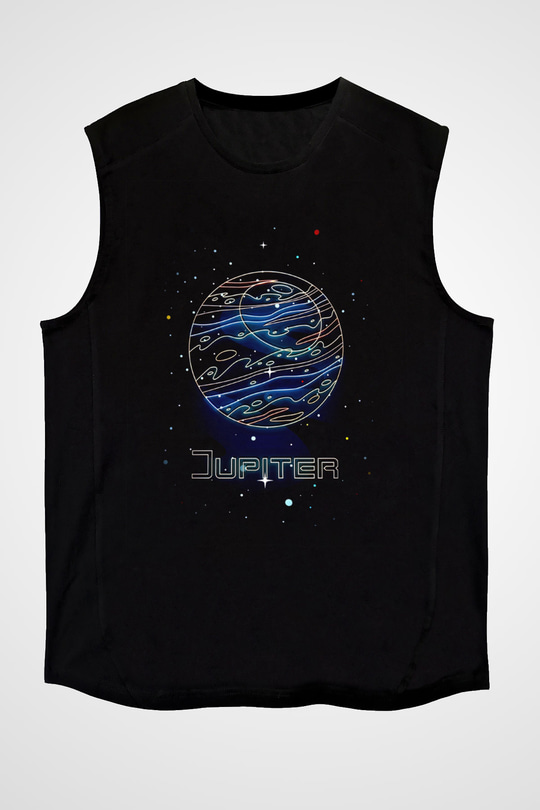 Jüpiter Çizim Baskılı Unisex Kolsuz Siyah Tişört - Tshirt