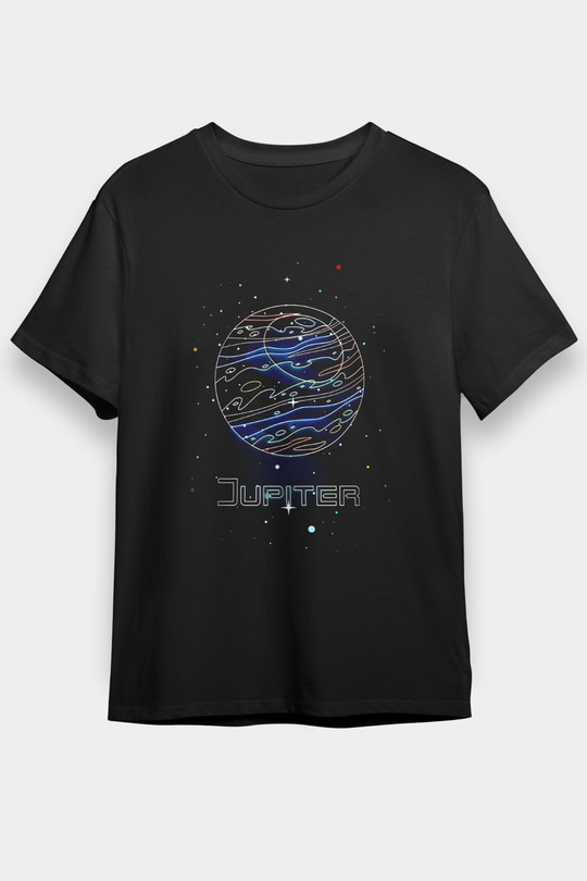 Jüpiter Çizim Baskılı Unisex Siyah Tişört - Tshirt