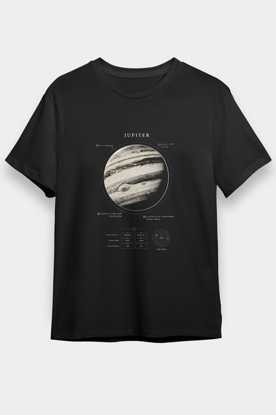 Jüpiter Fiziksel Özellikleri Baskılı Unisex Siyah Tişört - Tshirt