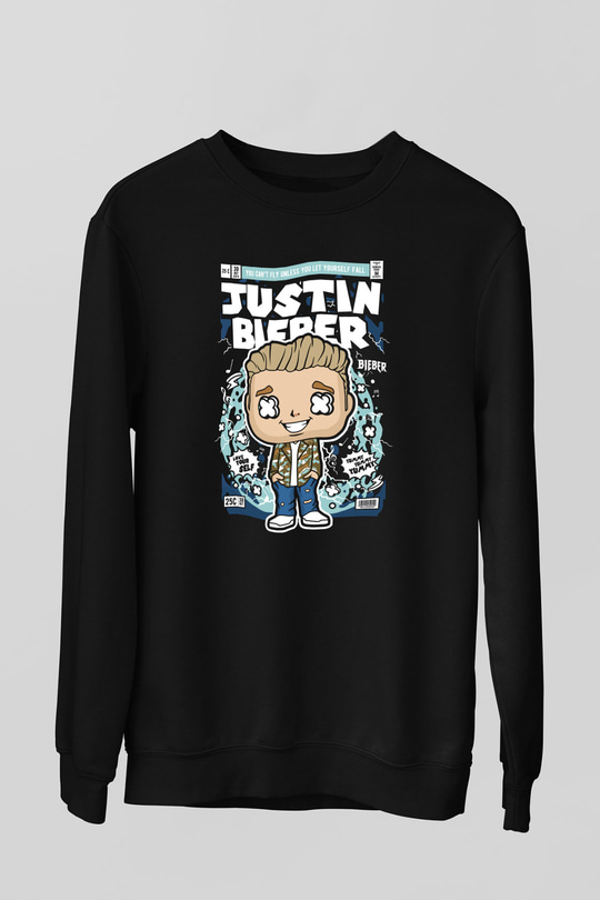 Justin Bieber Baskılı Unisex Siyah Sweatshirt