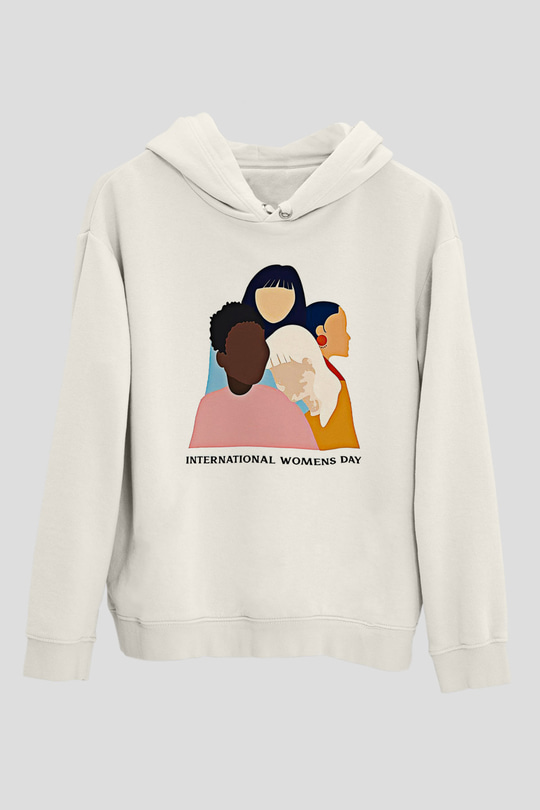 Kadınlar Günü Baskılı Beyaz Unisex Kapüşonlu Sweatshirt