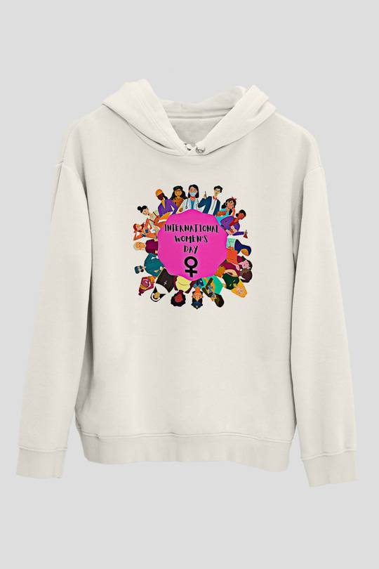Kadınlar Günü Baskılı Beyaz Unisex Kapüşonlu Sweatshirt