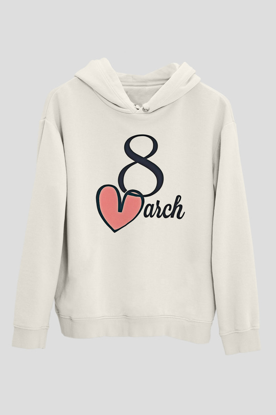 Kadınlar Günü Baskılı Beyaz Unisex Kapüşonlu Sweatshirt