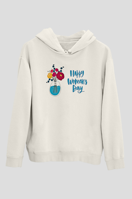 Kadınlar Günü Baskılı Beyaz Unisex Kapüşonlu Sweatshirt