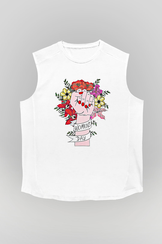 Kadınlar Günü Baskılı Beyaz Unisex Kolsuz Tişört - Tshirt