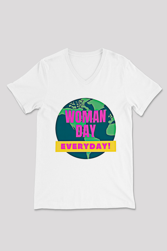 Kadınlar Günü Baskılı Beyaz Unisex V Yaka Tişört - Tshirt