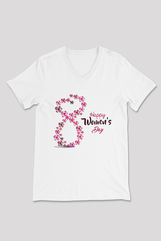 Kadınlar Günü Baskılı Beyaz Unisex V Yaka Tişört - Tshirt