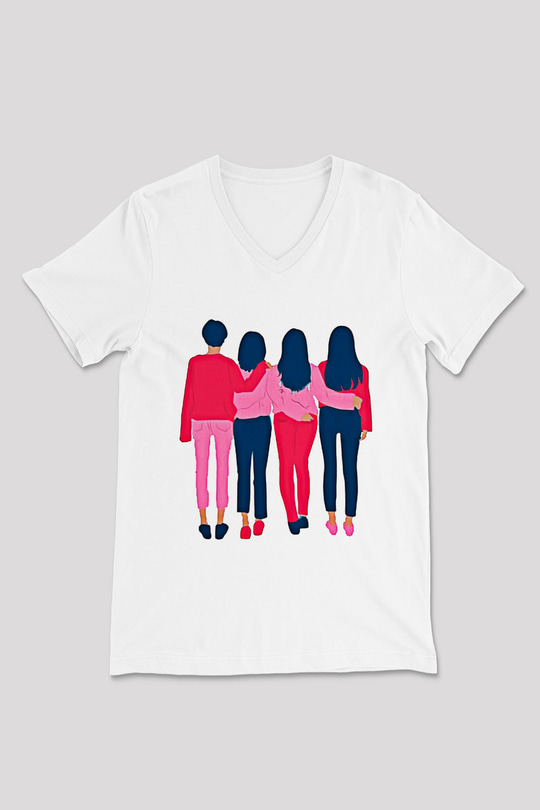 Kadınlar Günü Baskılı Beyaz Unisex V Yaka Tişört - Tshirt