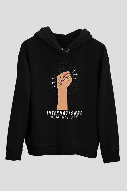 Kadınlar Günü Baskılı Unisex Siyah Hoodie