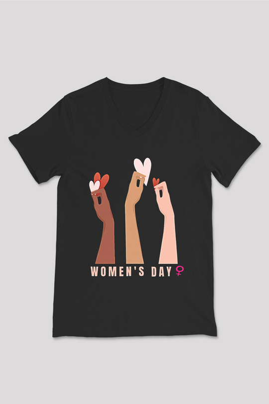 Kadınlar Günü Baskılı Unisex Siyah V Yaka Tişört - Tshirt