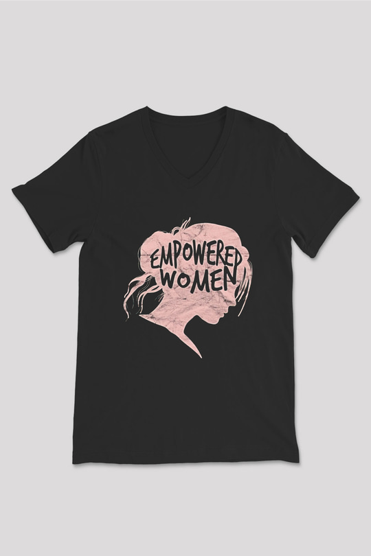 Kadınlar Günü Baskılı Unisex Siyah V Yaka Tişört - Tshirt