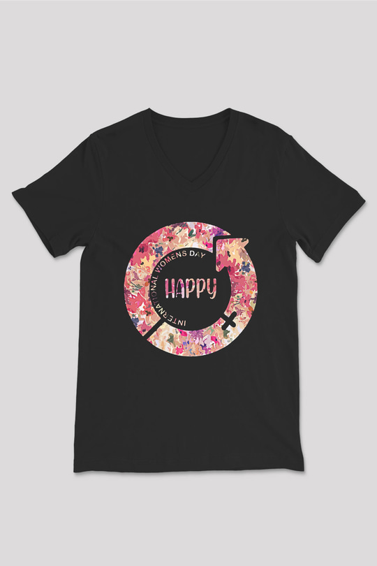 Kadınlar Günü Baskılı Unisex Siyah V Yaka Tişört - Tshirt