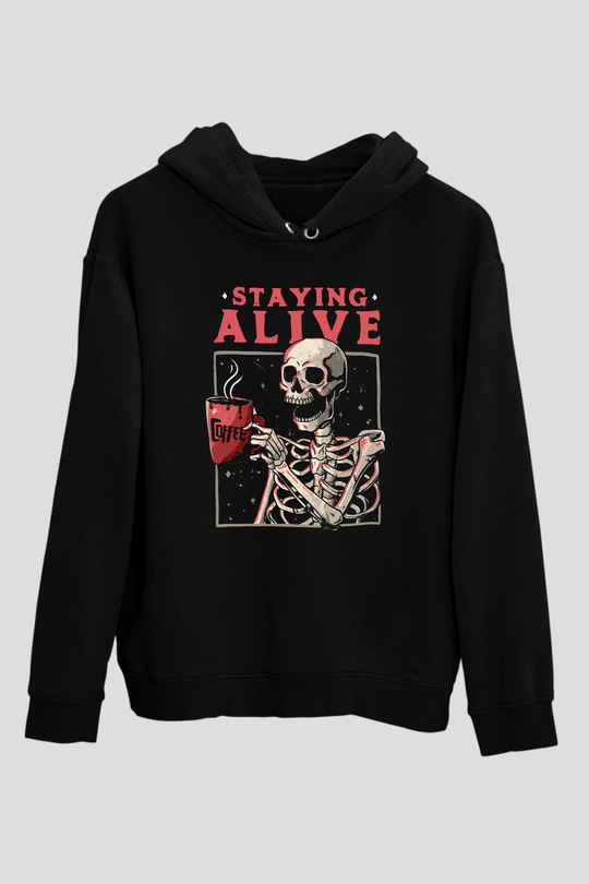 Kahve İçen İskeletSiyah  Unisex Hoodie