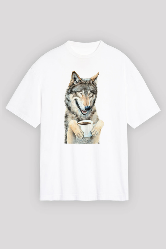Kahve İçen Kurt Baskılı Unisex Beyaz Tişört