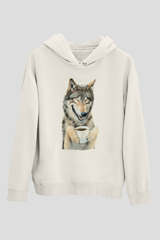 Kahve İçen KurtBeyaz  Unisex Hoodie