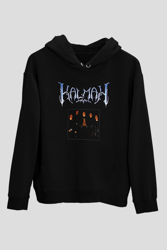 Kalmah Baskılı Unisex Siyah Kapüşonlu Sweatshirt