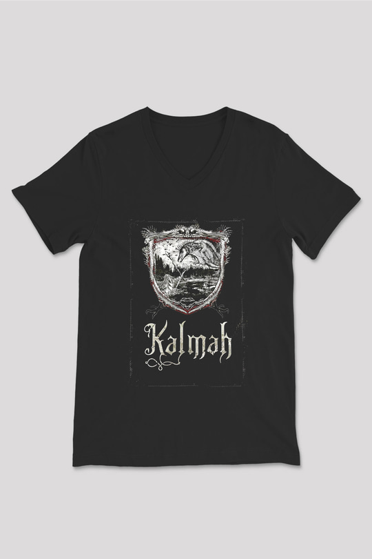 Kalmah Baskılı Unisex Siyah V Yaka Tişört - Tshirt
