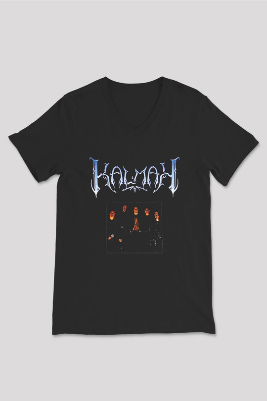 Kalmah Baskılı Unisex Siyah V Yaka Tişört - Tshirt