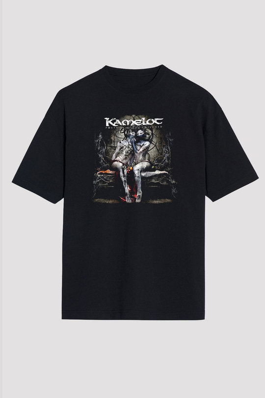 Kamelot Baskılı Unisex Siyah Oversize Tişört - Tshirt