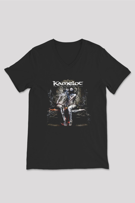 Kamelot Baskılı Unisex Siyah V Yaka Tişört - Tshirt