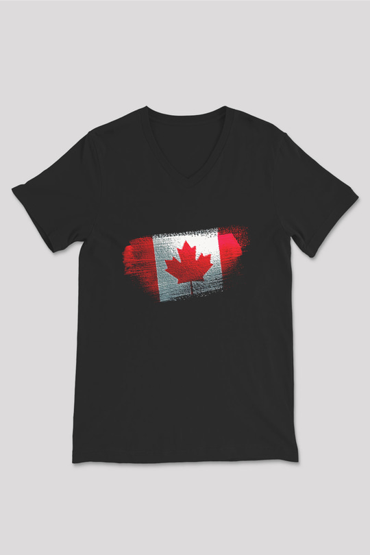 Kanada - Canada Bayrağı Baskılı Unisex Siyah V Yaka Tişört