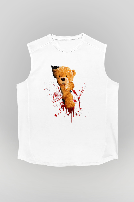Kanlı Teddy Temalı Baskılı Unisex Beyaz  Kolsuz Tişört