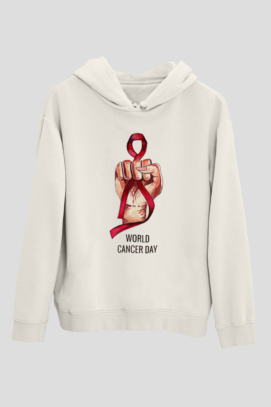 Kanser Günü Baskılı Beyaz Unisex Kapüşonlu Sweatshirt