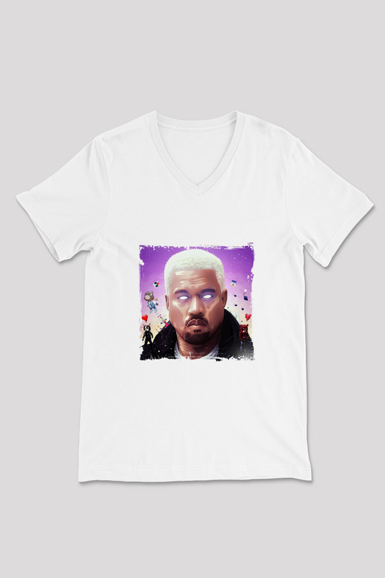Kanye West Baskılı Beyaz V Yaka Unisex Tişört