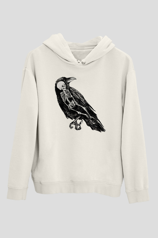 Karga Baskılı Beyaz Unisex Hoodie