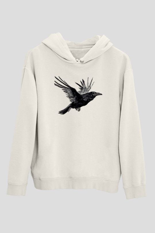 Karga Baskılı Beyaz Unisex Hoodie