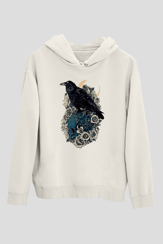 Karga Baskılı Beyaz Unisex Hoodie