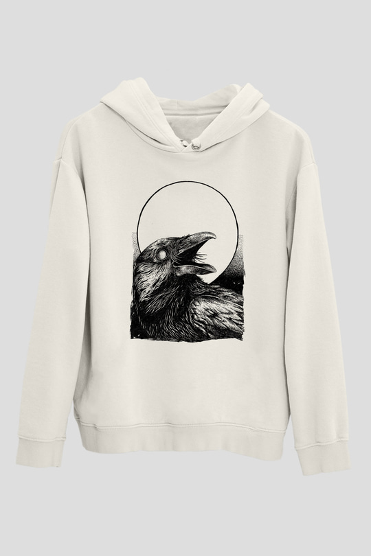 Karga Baskılı Beyaz Unisex Hoodie