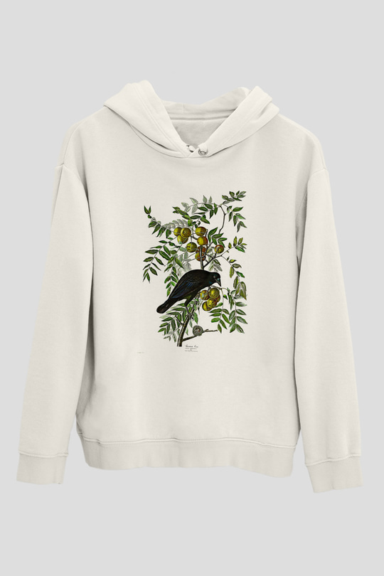 Karga Baskılı Beyaz Unisex Hoodie