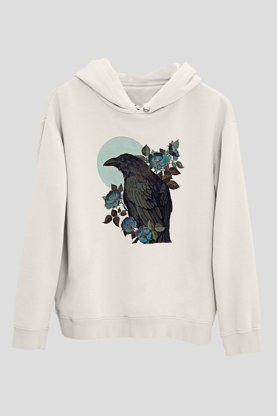 Karga Baskılı Beyaz Unisex Hoodie