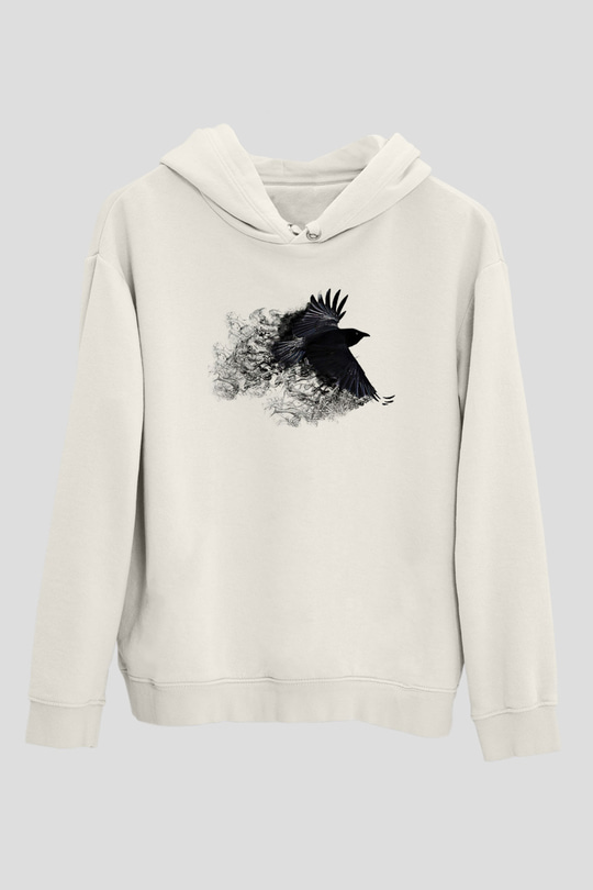 Karga Baskılı Beyaz Unisex Hoodie