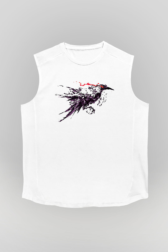 Karga Baskılı Beyaz Unisex Kolsuz Tişört - Tshirt