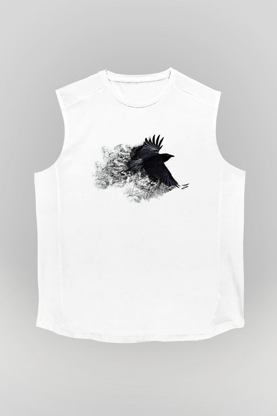 Karga Baskılı Beyaz Unisex Kolsuz Tişört - Tshirt