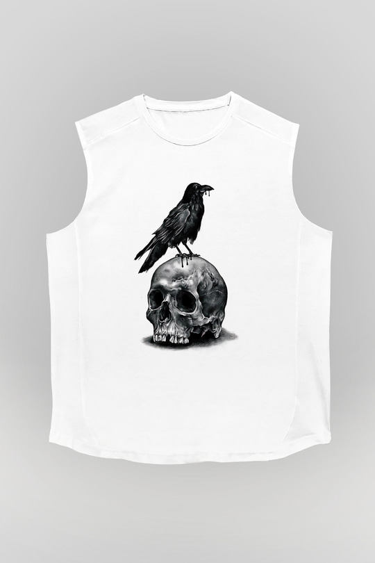 Karga Baskılı Beyaz Unisex Kolsuz Tişört - Tshirt