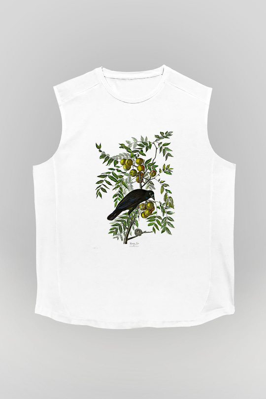 Karga Baskılı Beyaz Unisex Kolsuz Tişört - Tshirt