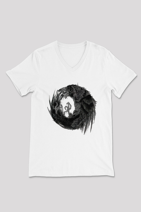Karga Baskılı Beyaz Unisex V Yaka Tişört - Tshirt