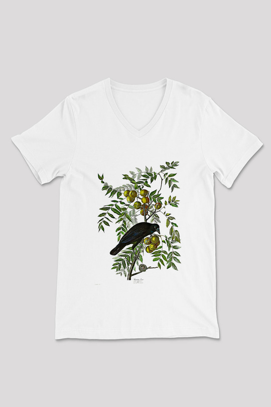 Karga Baskılı Beyaz Unisex V Yaka Tişört - Tshirt