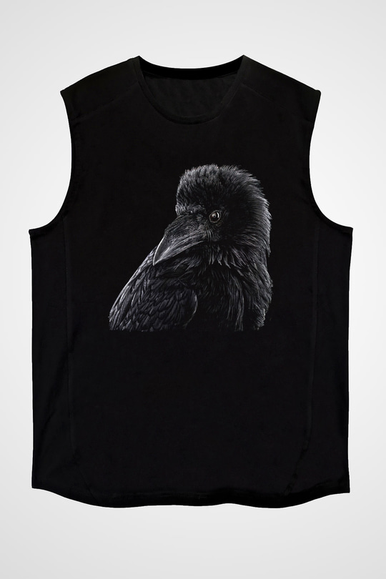Karga Baskılı Unisex Siyah Kolsuz Tişört - Tshirt
