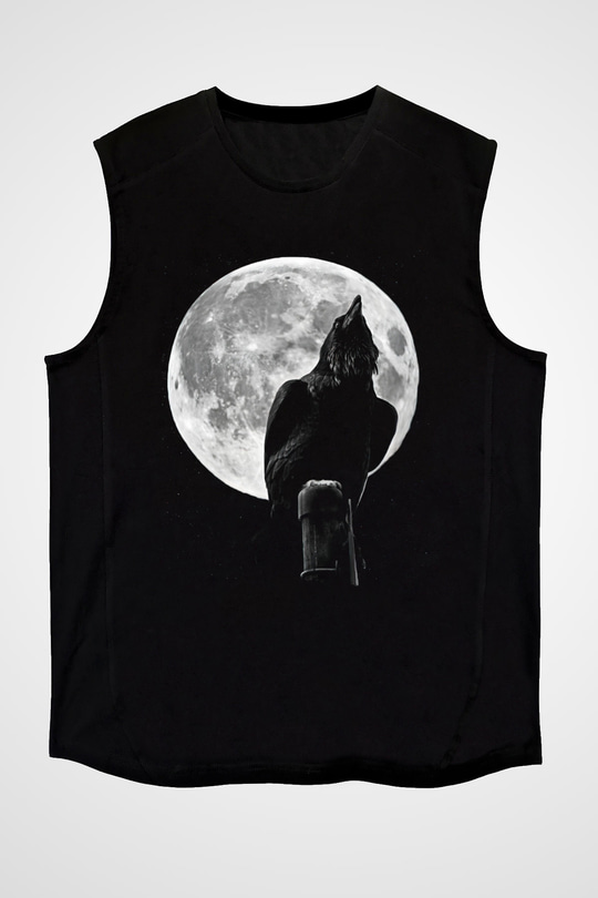 Karga Baskılı Unisex Siyah Kolsuz Tişört - Tshirt